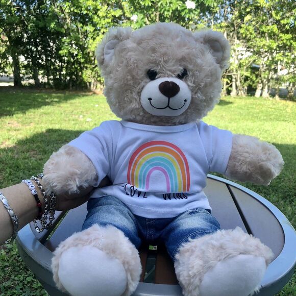 Build A Bear Happy Hugs Tan Swirl Plush Cozy Teddy Bear 16" Rainbow Shirt Jeans - Picture 2 of 11